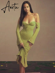 Aiertu Elegant Halter Midi Dress for Women Summer Sexy Backless Club Party Green Mesh Sheer Dresses Gown Vestido Clothes Aiertu