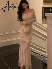 Aiertu Elegant Knitted Dress Women Mesh Patchwork Long Sleeve Slash Neck Wrap Hip Autumn Spring Evening Party Prom Robe Vestidos Mujer Aiertu