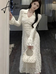 Aiertu Elegant Lace Midi Dress Women V-neck Flare Sleeve Slim Mermaid Autumn Spring Vintage Evening Party Prom Robe Vestidos Mujer New Aiertu
