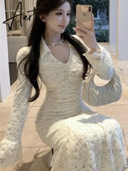 Aiertu Elegant Lace Midi Dress Women V-neck Flare Sleeve Slim Mermaid Autumn Spring Vintage Evening Party Prom Robe Vestidos Mujer New Aiertu