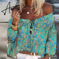 Aiertu Elegant Lace-Up Tassel Chic Blouses Shirts Summer Vintage Floral Print Boho Tops Women Sexy Off Shoulder Flare Sleeve Blusa Aiertu
