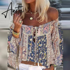 Aiertu Elegant Lace-Up Tassel Chic Blouses Shirts Summer Vintage Floral Print Boho Tops Women Sexy Off Shoulder Flare Sleeve Blusa Aiertu