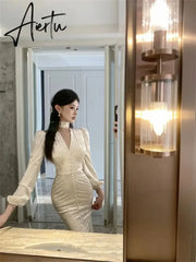 Aiertu Elegant Luxury Midi Dresses for Women Spring Fashion Vintage Evening Party Slim Sexy V-neck Fishtail Dress Female Clothing Robe Aiertu