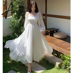 Aiertu Elegant Maxi Dresses For Women White Off Shoulder Puff Long Sleeve Elastic High Waist Party Gown Ruffle Holiday Dress Aiertu