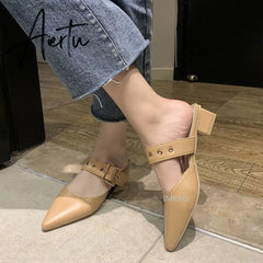 Aiertu Elegant Mules Women Closed Leather Casual Slippers Woman Metal Buckle High Heels Female Pointed Toe Shoes Aiertu