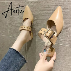 Aiertu Elegant Mules Women Closed Leather Casual Slippers Woman Metal Buckle High Heels Female Pointed Toe Shoes Aiertu