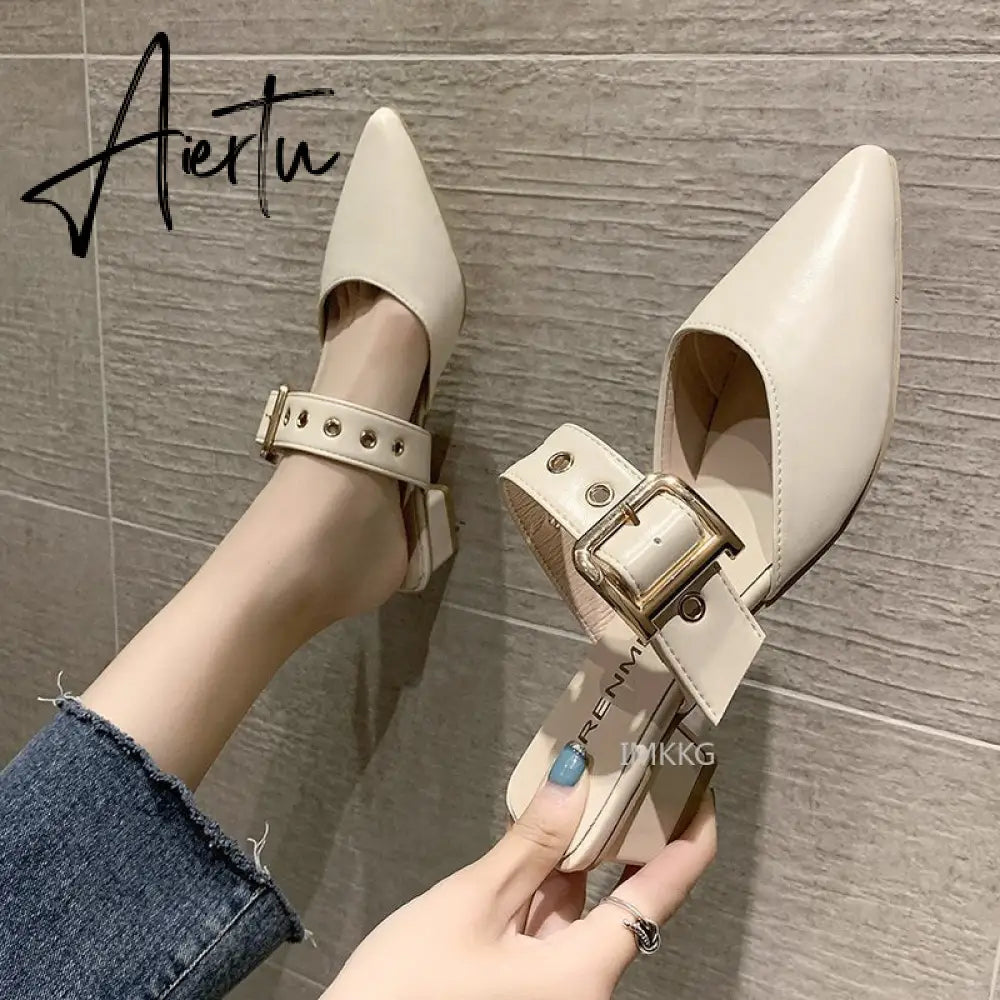 Aiertu Elegant Mules Women Closed Leather Casual Slippers Woman Metal Buckle High Heels Female Pointed Toe Shoes Aiertu