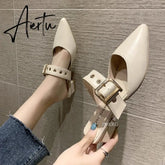 Aiertu Elegant Mules Women Closed Leather Casual Slippers Woman Metal Buckle High Heels Female Pointed Toe Shoes Aiertu