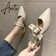 Aiertu Elegant Mules Women Closed Leather Casual Slippers Woman Metal Buckle High Heels Female Pointed Toe Shoes Aiertu