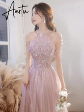 Aiertu Elegant Pink Celebrity Dress Sequins Beading Halter With Tassel Sleeve A Line Exquisite Floor Length Prom Evening Gowns 2024 New Aiertu