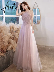 Aiertu Elegant Pink Celebrity Dress Sequins Beading Halter With Tassel Sleeve A Line Exquisite Floor Length Prom Evening Gowns 2024 New Aiertu