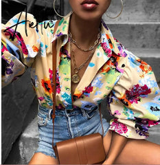Aiertu Elegant Print Puffed Sleeve Blouse Top Autumn Womens Turn-Down Collars Half Sleeve Tie Dye Blouses Shirt Outwears Aiertu