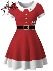Aiertu Elegant Print Women Christmas Dress Short Sleeve High Waist Big Swing Vintage Xmas Party Sundress Casual Robe Femme Aiertu