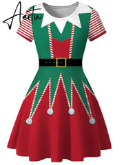 Aiertu Elegant Print Women Christmas Dress Short Sleeve High Waist Big Swing Vintage Xmas Party Sundress Casual Robe Femme Aiertu