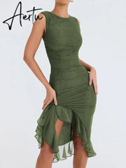 Aiertu Elegant Ruffle Ruched Midi Dress For Women Robe Summer New Backless Sleeveless Irregular Club Party Sexy Dress Vestido Aiertu