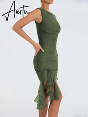 Aiertu Elegant Ruffle Ruched Midi Dress For Women Robe Summer New Backless Sleeveless Irregular Club Party Sexy Dress Vestido Aiertu