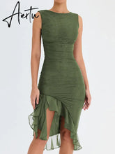 Aiertu Elegant Ruffle Ruched Midi Dress For Women Robe Summer New Backless Sleeveless Irregular Club Party Sexy Dress Vestido Aiertu