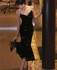 Aiertu Elegant Sequin Night Club Dresses for Women Sexy Backless Spaghetti Strap Summer Vestidos Vintage Solid Slim Midi Dress Spring Aiertu