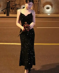Aiertu Elegant Sequin Night Club Dresses for Women Sexy Backless Spaghetti Strap Summer Vestidos Vintage Solid Slim Midi Dress Spring Aiertu