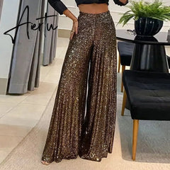 Aiertu Elegant Shinny Sequin Long Pants Women Fashion High Waist Draped Loose Trousers Spring Autumn Casual Wide Legger Solid Pant Aiertu