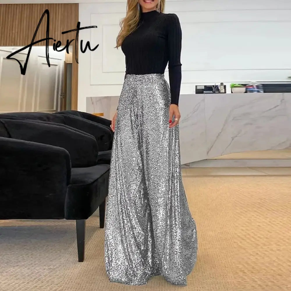 Aiertu Elegant Shinny Sequin Long Pants Women Fashion High Waist Draped Loose Trousers Spring Autumn Casual Wide Legger Solid Pant Aiertu