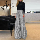 Aiertu Elegant Shinny Sequin Long Pants Women Fashion High Waist Draped Loose Trousers Spring Autumn Casual Wide Legger Solid Pant Aiertu