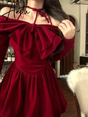 Aiertu Elegant Short Party Dresses Women Casual Long Sleeve Sweet Bow French Slim Red Mini Dress Spring One Piece Dress Korean Aiertu