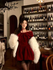 Aiertu Elegant Short Party Dresses Women Casual Long Sleeve Sweet Bow French Slim Red Mini Dress Spring One Piece Dress Korean Aiertu
