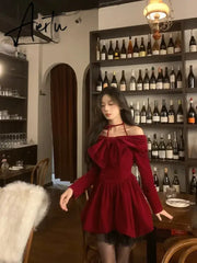 Aiertu Elegant Short Party Dresses Women Casual Long Sleeve Sweet Bow French Slim Red Mini Dress Spring One Piece Dress Korean Aiertu
