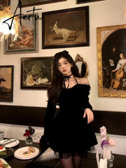 Aiertu Elegant Short Party Dresses Women Casual Long Sleeve Sweet Bow French Slim Red Mini Dress Spring One Piece Dress Korean Aiertu