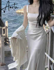 Aiertu Elegant Square Collar Satin Midi Party Dress for Women Autumn New Long Sleeve Split Slim Vestidos Female Spring Korean Clothes Aiertu