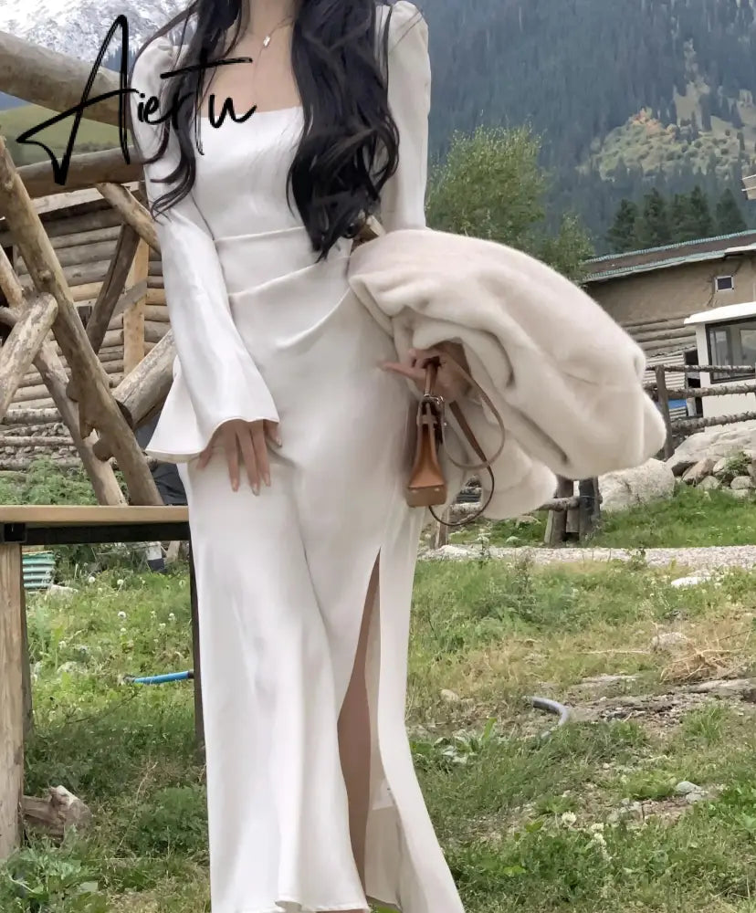 Aiertu Elegant Square Collar Satin Midi Party Dress for Women Autumn New Long Sleeve Split Slim Vestidos Female Spring Korean Clothes Aiertu