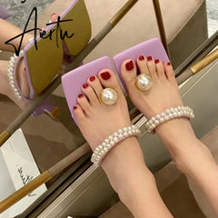 Aiertu Elegant Square Toe Woman Dress Shoes Fashion Low Heels Slippers Ladies New Design Pearl String Bead Strap Sandals Aiertu
