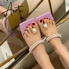 Aiertu Elegant Square Toe Woman Dress Shoes Fashion Low Heels Slippers Ladies New Design Pearl String Bead Strap Sandals Aiertu