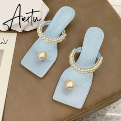 Aiertu Elegant Square Toe Woman Dress Shoes Fashion Low Heels Slippers Ladies New Design Pearl String Bead Strap Sandals Aiertu