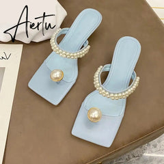 Aiertu Elegant Square Toe Woman Dress Shoes Fashion Low Heels Slippers Ladies New Design Pearl String Bead Strap Sandals Aiertu