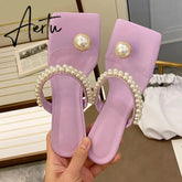 Aiertu Elegant Square Toe Woman Dress Shoes Fashion Low Heels Slippers Ladies New Design Pearl String Bead Strap Sandals Aiertu