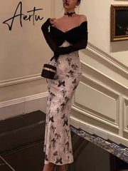 Aiertu Elegant Velvet Patchwork Midi Dress Women Autumn Winter V-neck Long Sleeve Butterfly Print Knitted Dress Party Female Robe New Aiertu