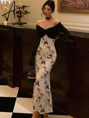 Aiertu Elegant Velvet Patchwork Midi Dress Women Autumn Winter V-neck Long Sleeve Butterfly Print Knitted Dress Party Female Robe New Aiertu