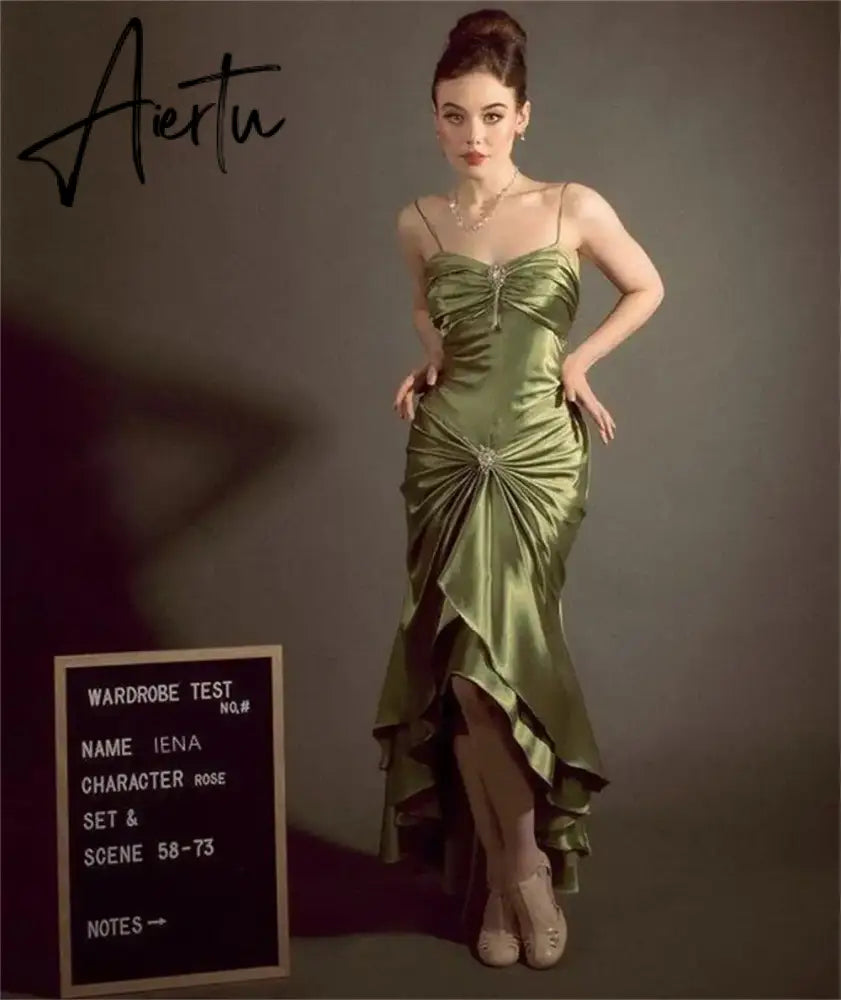 Aiertu Elegant Vintage Olive Green Prom Party Gown Celebrity Dresses Sweetheart Crystal Button Pleat Taffeta Satin Evening Dress Aiertu