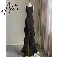 Aiertu Elegant White Round Neck Slim Fit Sleeveless Women Wedding Dress Evening Party Gown with Ruffles Vestidos De Novia Aiertu