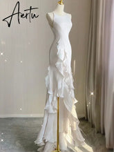 Aiertu Elegant White Round Neck Slim Fit Sleeveless Women Wedding Dress Evening Party Gown with Ruffles Vestidos De Novia Aiertu