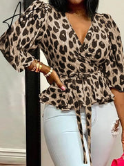 Aiertu Elegant Women Blouse Summer Sexy V-Neck Leopard Print Tunic Shirt Belted Office Fashion Top Ruffles Blusas Femininas Aiertu