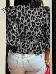 Aiertu Elegant Women Blouse Summer Sexy V-Neck Leopard Print Tunic Shirt Belted Office Fashion Top Ruffles Blusas Femininas Aiertu