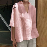Aiertu Elegant Women's Summer V neck Blouse Tops 3/4 Sleeve Shirts Female Solid Blusas Kaftan Tunic Casual Tee Plus Size Aiertu