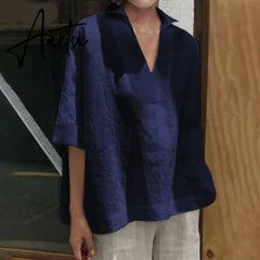Aiertu Elegant Women's Summer V neck Blouse Tops 3/4 Sleeve Shirts Female Solid Blusas Kaftan Tunic Casual Tee Plus Size Aiertu