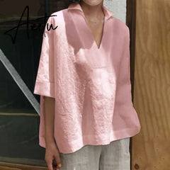 Aiertu Elegant Women's Summer V neck Blouse Tops 3/4 Sleeve Shirts Female Solid Blusas Kaftan Tunic Casual Tee Plus Size Aiertu