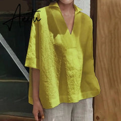Aiertu Elegant Women's Summer V neck Blouse Tops 3/4 Sleeve Shirts Female Solid Blusas Kaftan Tunic Casual Tee Plus Size Aiertu