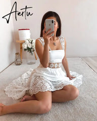 Aiertu Elegant Women's Dress Stitching Hollow Suspender Dresses Summer Women's Clothing Solid Color Sleeveless Sexy Lace Dress Aiertu