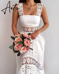 Aiertu Elegant Women's Dress Stitching Hollow Suspender Dresses Summer Women's Clothing Solid Color Sleeveless Sexy Lace Dress Aiertu